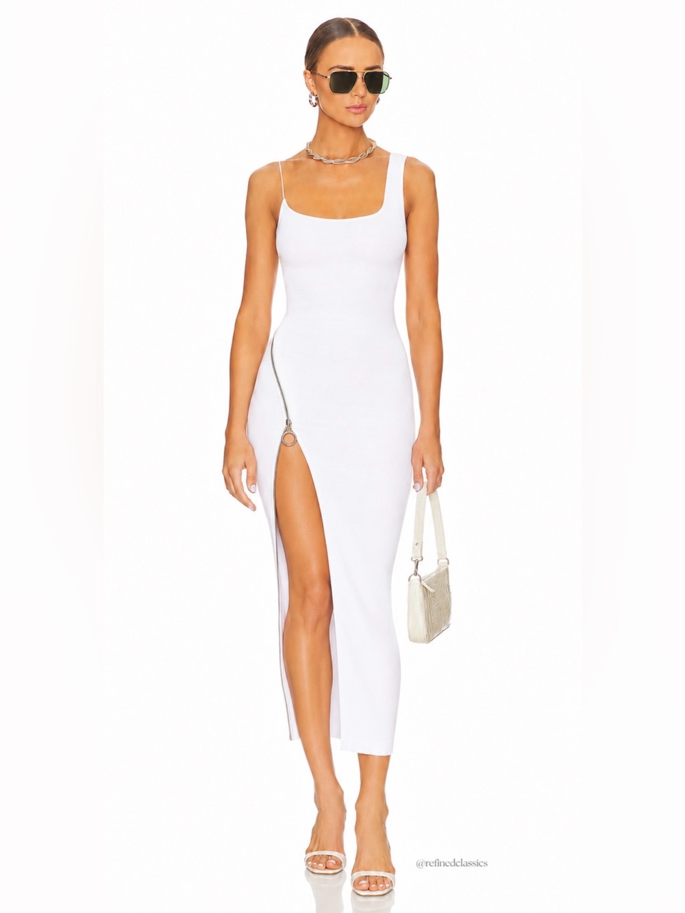 Alix NYC Grimes White Asymmetrical Strap Bodycon Midi Dress with Zip Slit